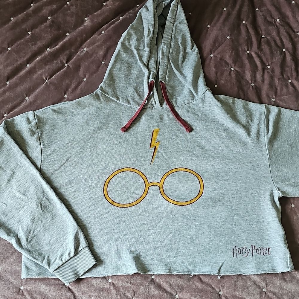 Harry Potter Girl's Cropped Gray Hoodie with Gold Accents, Size L